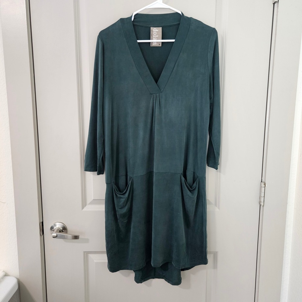 Dolan Left Coast Collection Green Cupro V-Neck Pocket Shift Dress Womens Medium